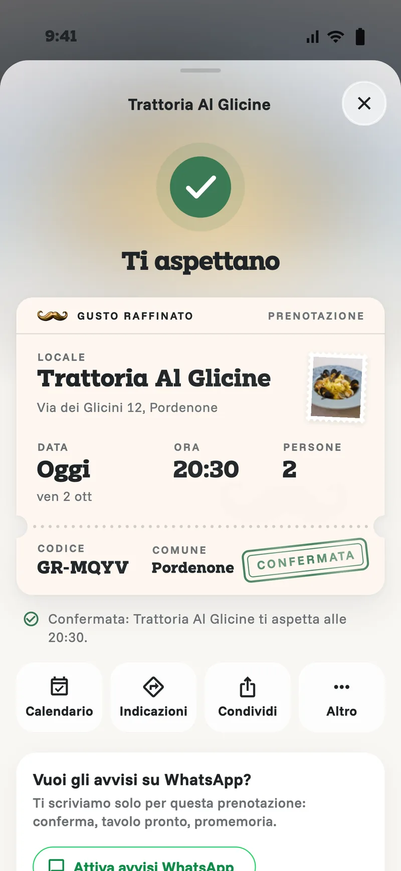 The ticket of a confirmed booking: Trattoria Al Glicine, today at 8:30 pm for 2, with calendar, directions and share.