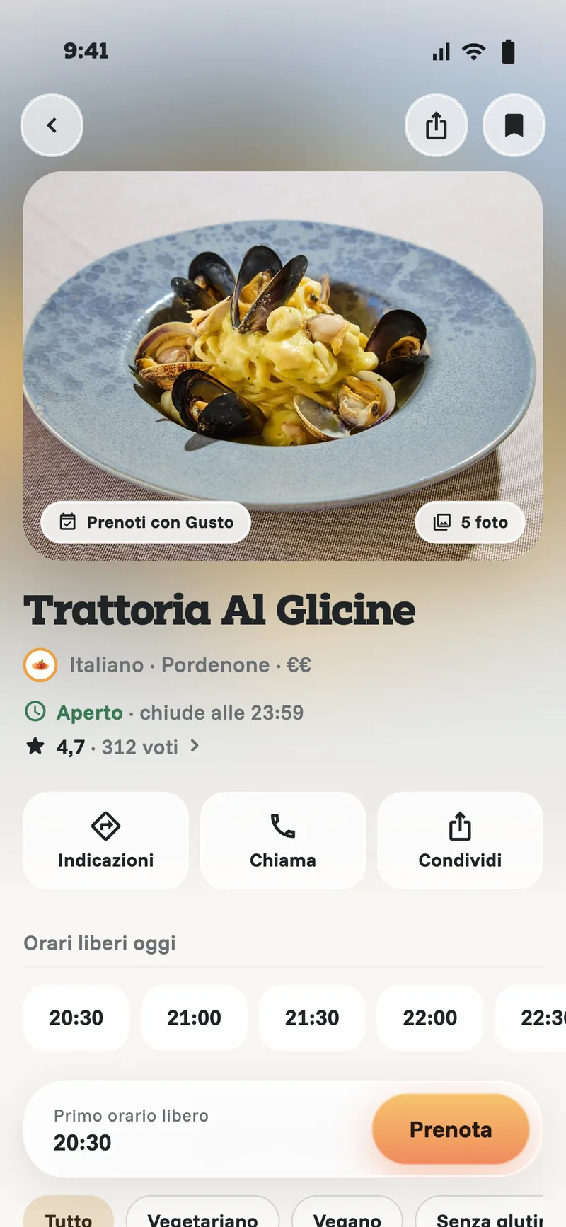 The guest app: the page of Trattoria Al Glicine with the free time slots and the Book button.