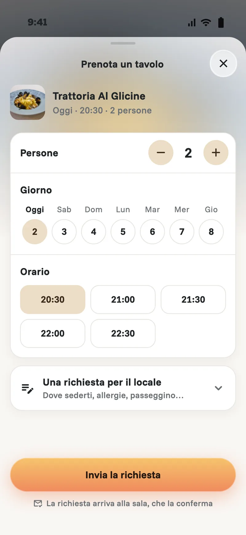 The sheet to book a table at Trattoria Al Glicine: people, day and time, and the button to send the request.