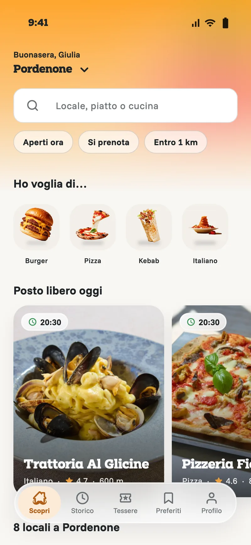 The guest app: places in Pordenone, with open-now and bookable filters, and Trattoria Al Glicine in front.