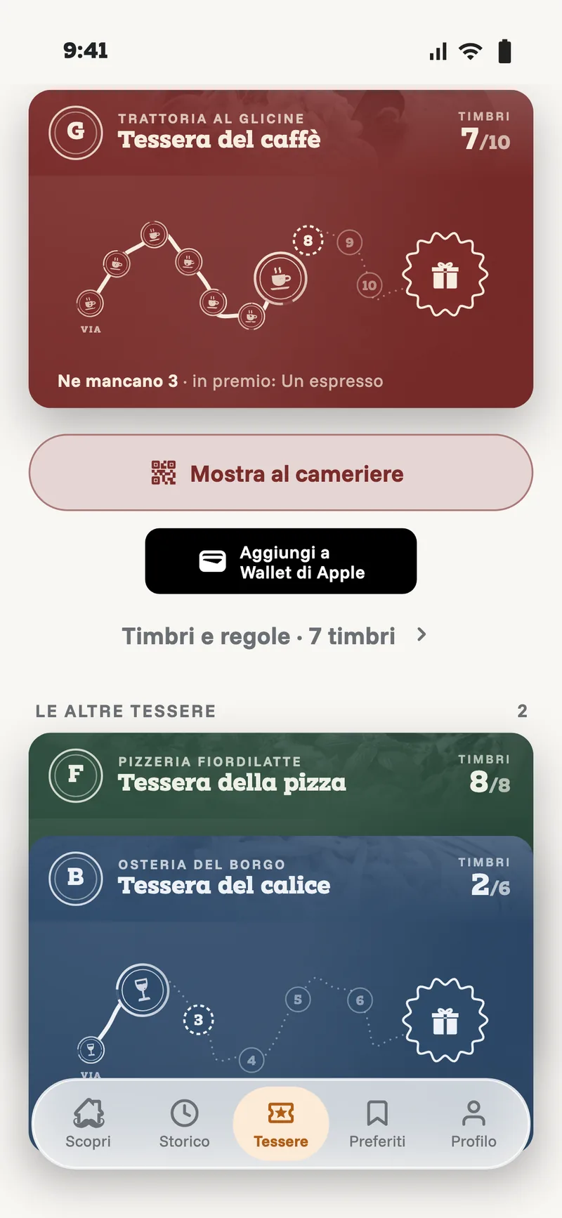 Trattoria Al Glicine's coffee card: 7 stamps out of 10, 3 to go for an espresso.