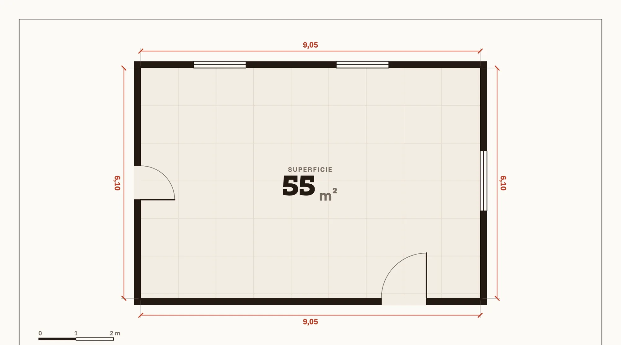 The measurement sheet: a 55 square metre rectangular room with wall lengths, two doors and three windows.