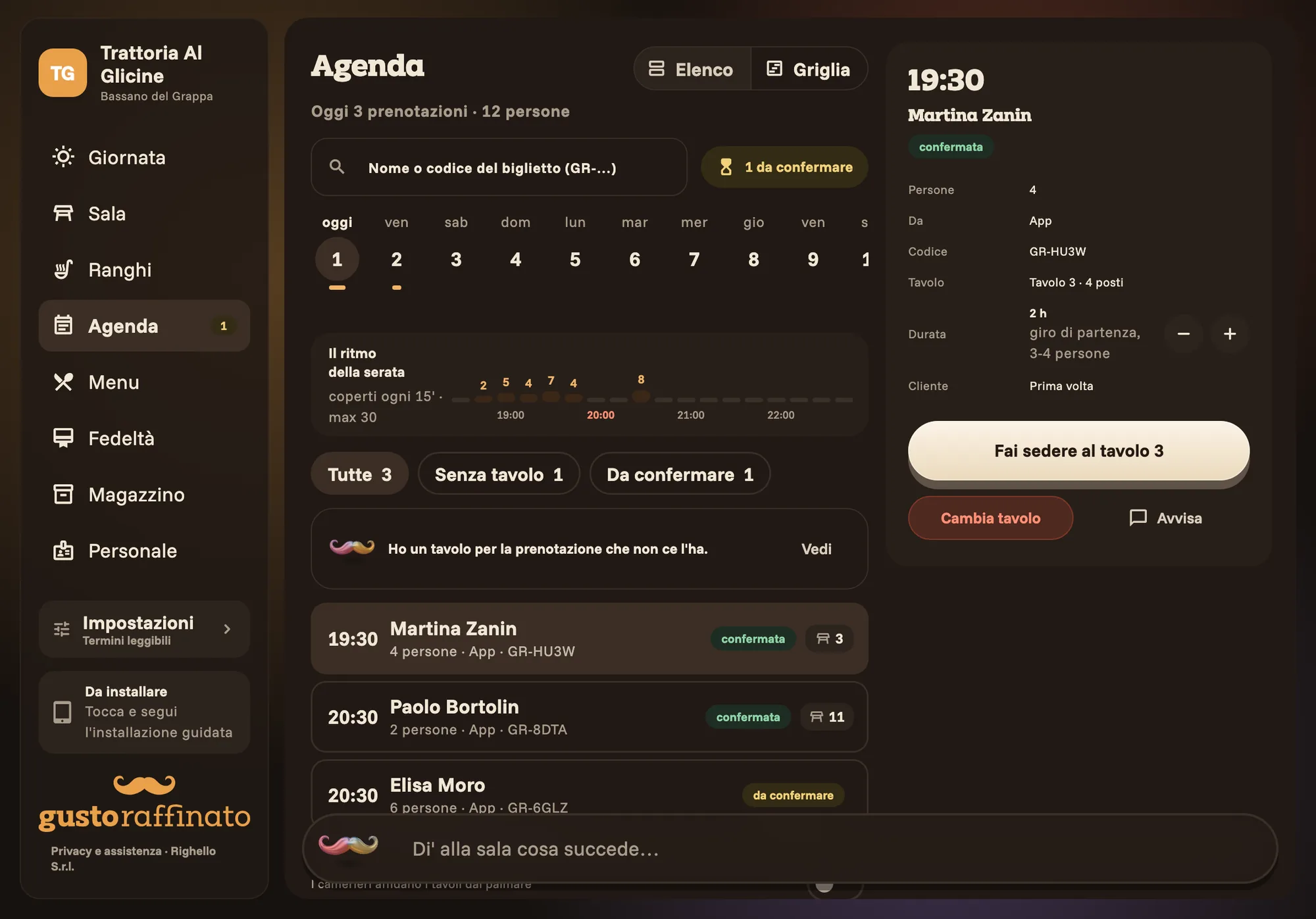 Bookings on an iPad: today's reservations, the pace of arrivals and Martina Zanin's card with the button to seat her.