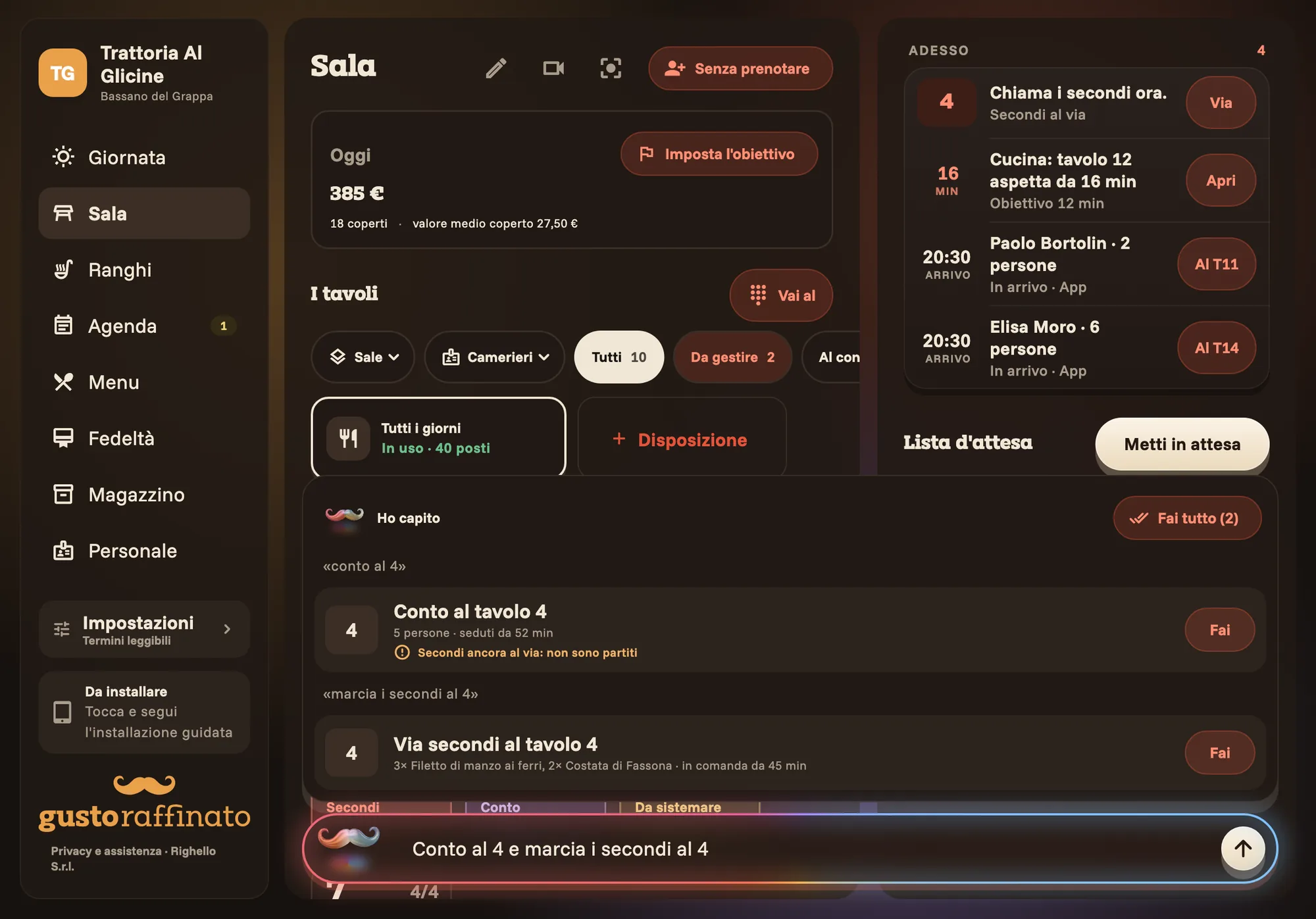 The management app on an iPad: sections on the left, the room in the middle, what to do now on the right; in the bar at the bottom someone typed a request for table 4's bill and mains.