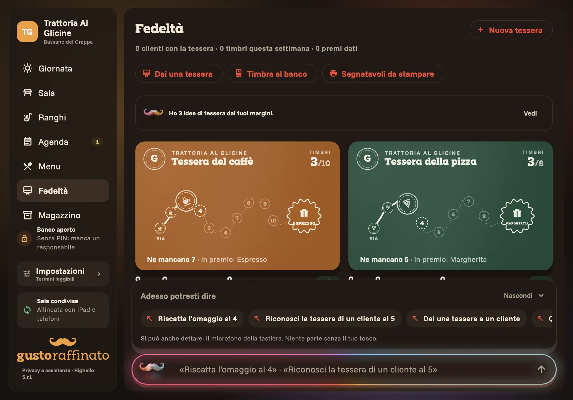 The loyalty section on an iPad: two of the restaurant's cards and, below, the baffi's suggestions.