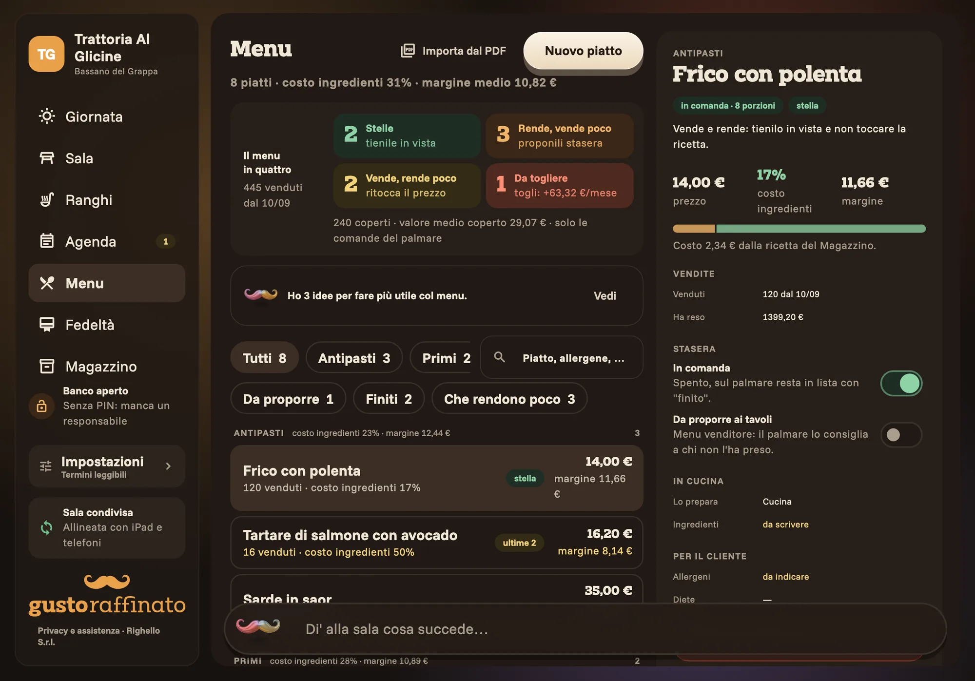 The menu on an iPad: dishes with their ingredient cost as a percentage and the card of a dish with price and margin.