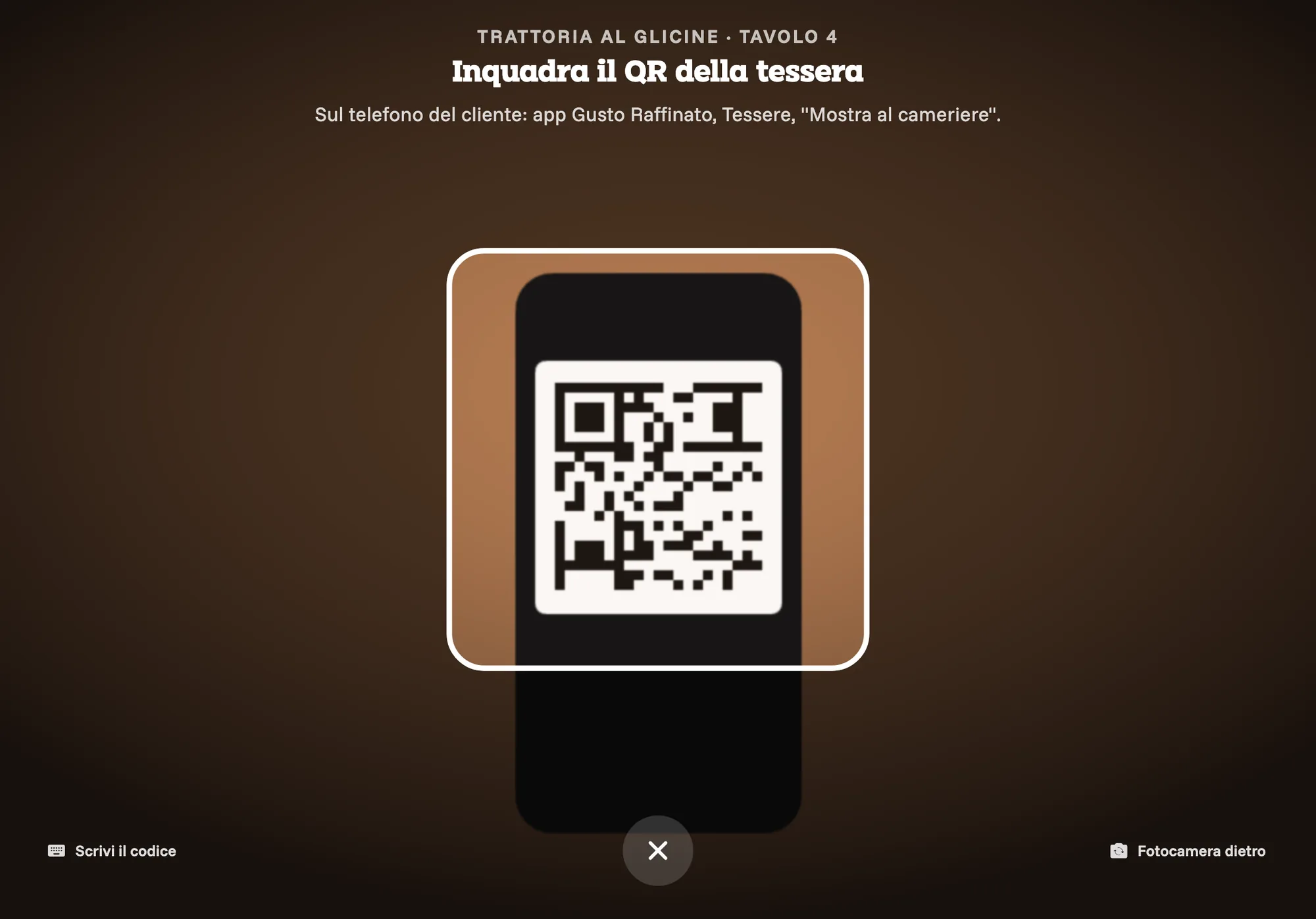 The iPad ready to read a loyalty card code with its rear camera, for table 4.