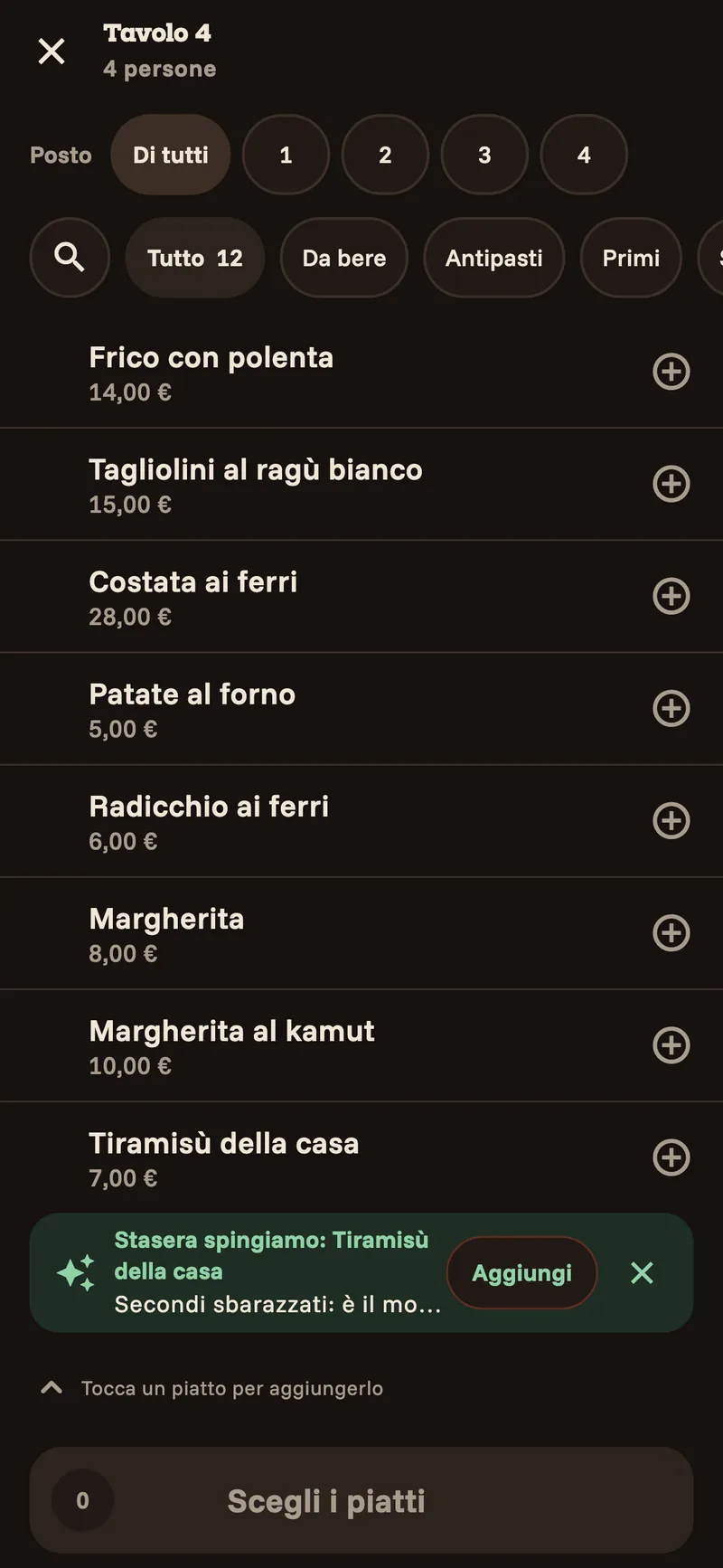 The menu on the waiter's phone for table 2: dishes with prices and a plus button, and tonight's suggestion.