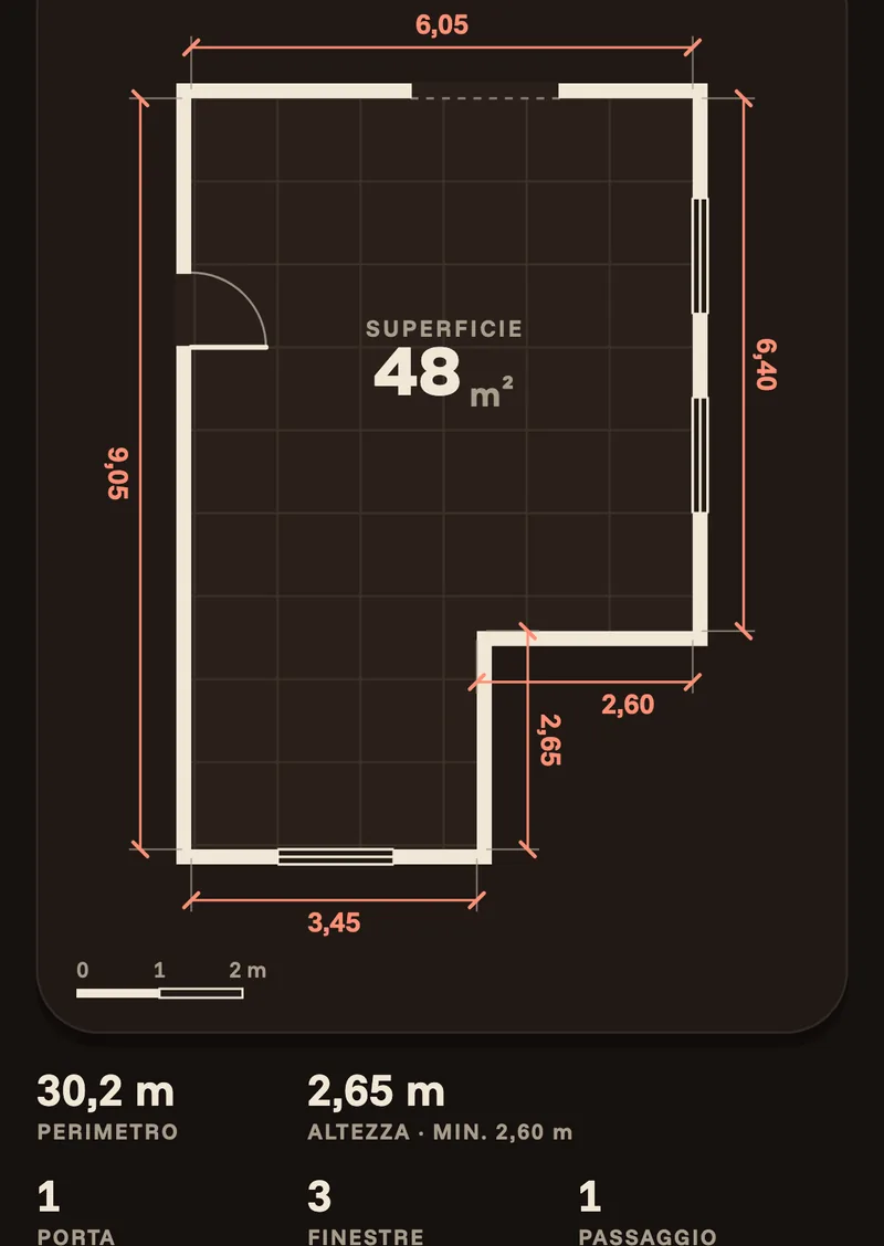 The measurements on the phone: an L-shaped 48 square metre room with the length of each wall, perimeter, height, doors and windows.
