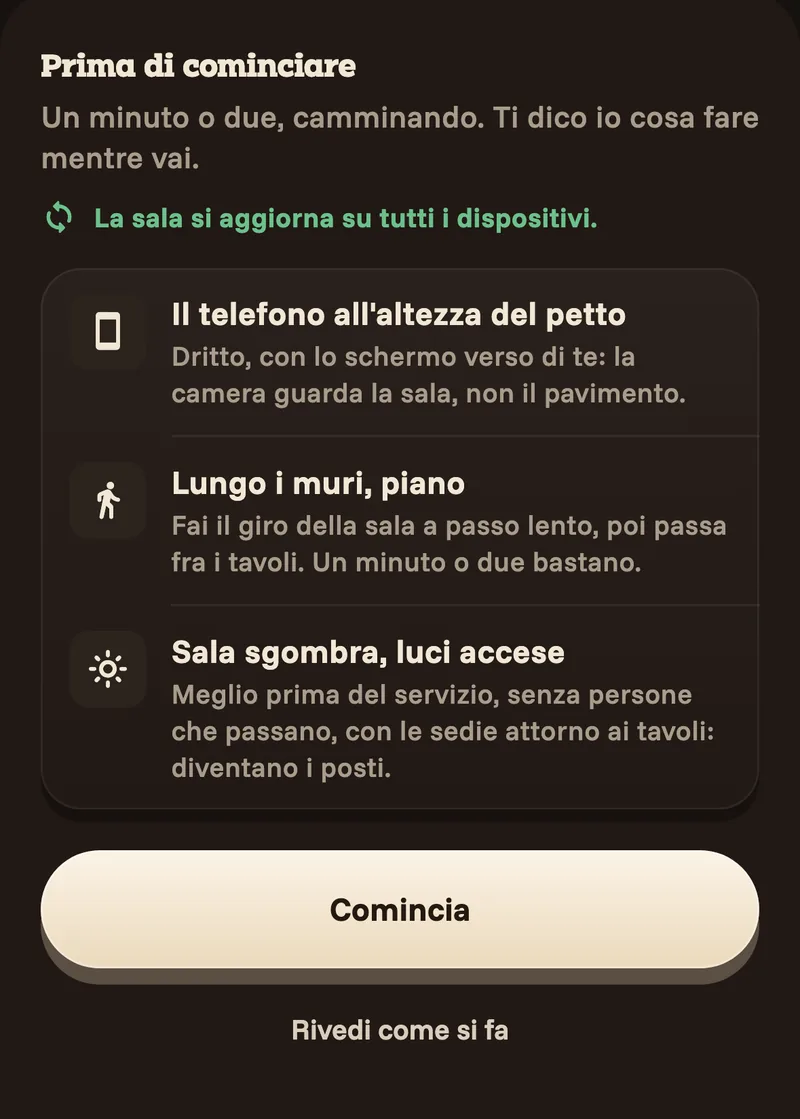 The “before you start” sheet on the phone: phone at chest height, slowly along the walls, room clear and lights on.